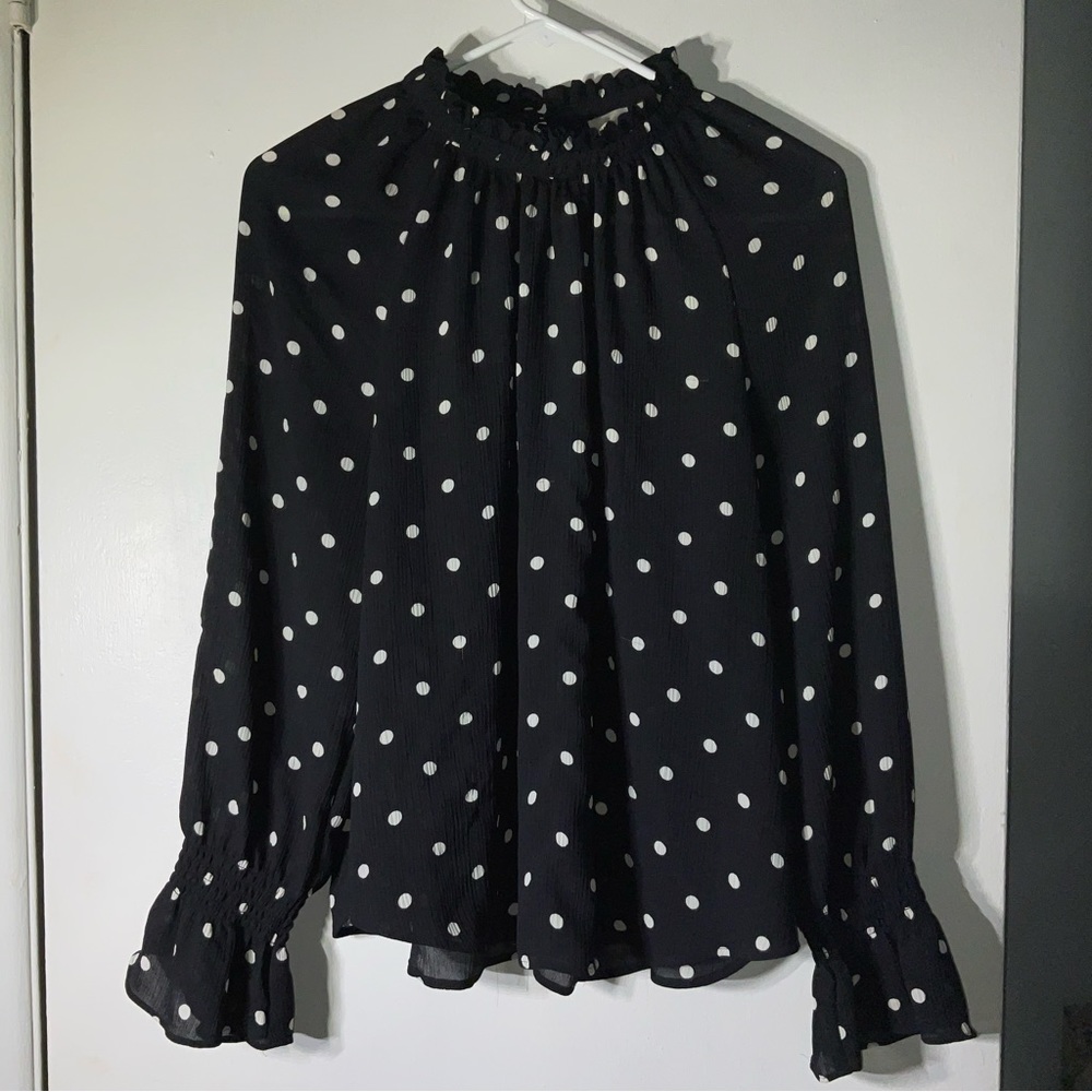 Loft Black & White Polka Dot high collar long sleeve Top Med